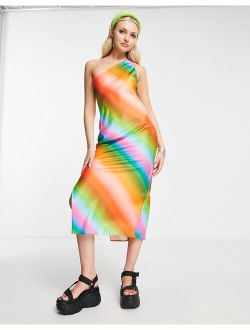 one shoulder ombre printed maxi slip dress in multi