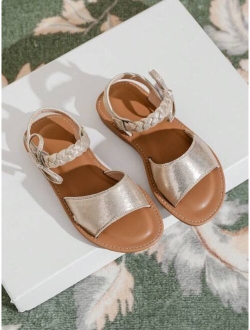 Girls Metallic Braided Detail Flat Sandals, Glamorous Gold Ankle Strap Sandals