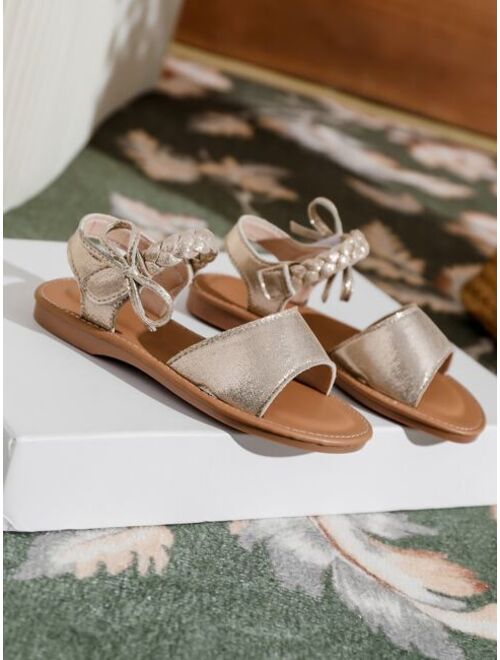 Shein Girls Metallic Braided Detail Flat Sandals, Glamorous Gold Ankle Strap Sandals