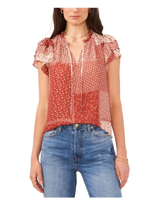1.STATE Women's Printed Tie-Neck Flutter-Sleeve Top