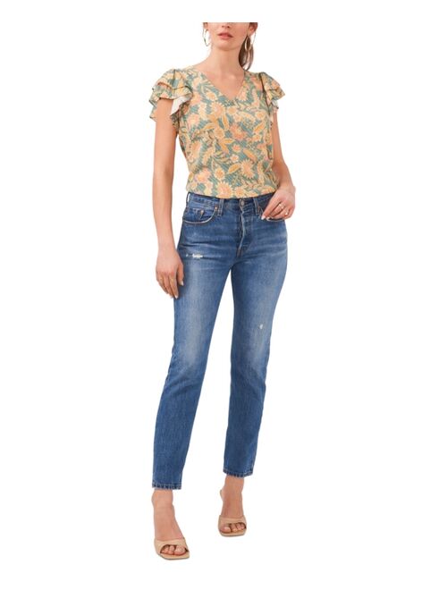 1.STATE Women's Floral-Print Flutter-Sleeve Blouse