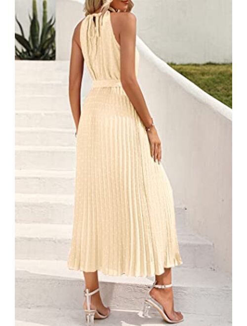 PRETTYGARDEN Women's Midi Summer Dresses Casual V Neck Swiss Dot Ruffle Sleeveless A Line Beach Sun Dress