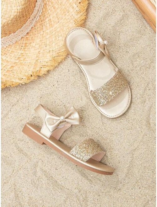 Shein Girls Glitter Detail Bow & Faux Pearl Decor Ankle Strap Sandals