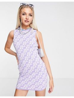 knit mini dress with text print in lilac and white