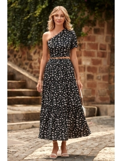 Women's 2 Piece Summer Outfits Casual Floral One Shoulder Crop Top High Waisted Maxi Skirt Set Boho Dress