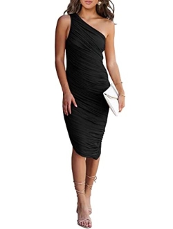 Women's Ruched Bodycon Dress 2023 Summer One Shoulder Sleeveless Party Cocktail Pencil Dresses