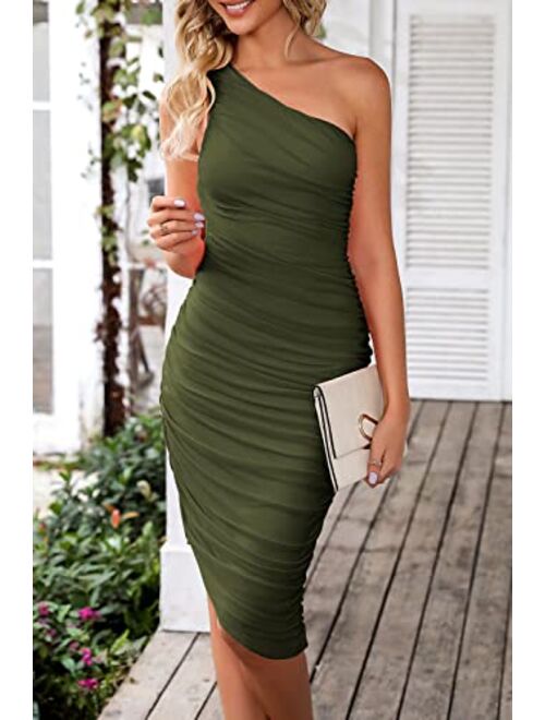 PRETTYGARDEN Women's Ruched Bodycon Dress 2023 Summer One Shoulder Sleeveless Party Cocktail Pencil Dresses