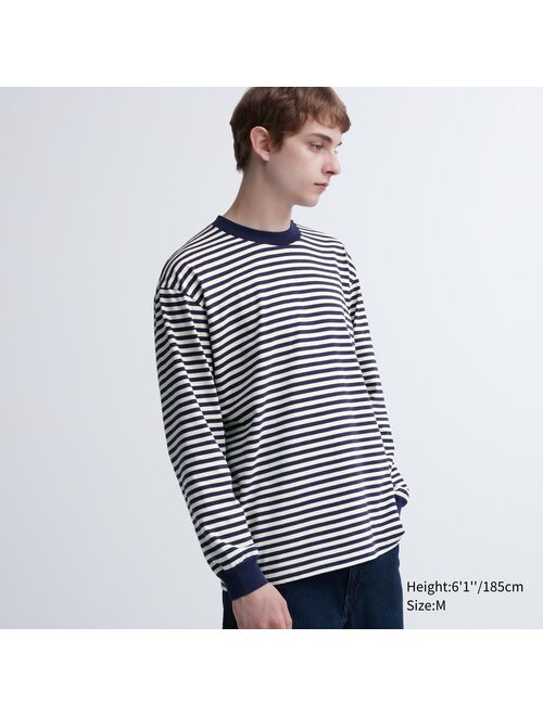Uniqlo Washed Cotton Oversized Crew Neck Long-Sleeve T-Shirt (Striped)
