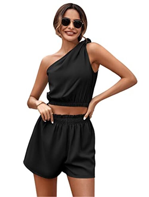 PRIVIMIX Women's Summer 2 Piece Outfits Sexy Sleeveless One Shoulder Crop Top and Casual High Waisted Shorts Set