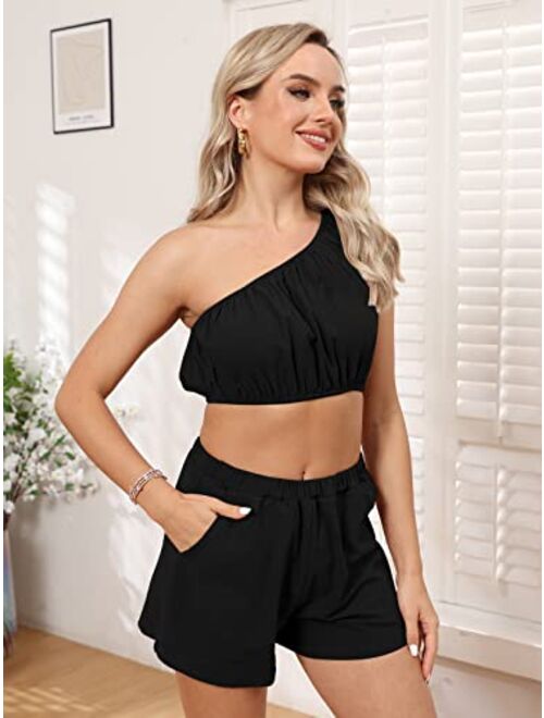 Vssjavun Womens Summer 2 Piece Outfit One Shoulder Crop Top Matching Shorts Causal Two Pieces Lounge Sets
