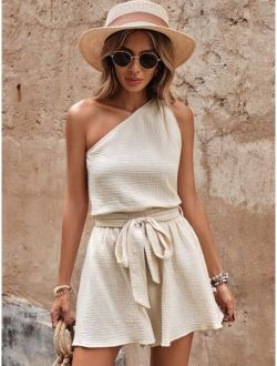 LUNE Solid One Shoulder Top & Belted Shorts