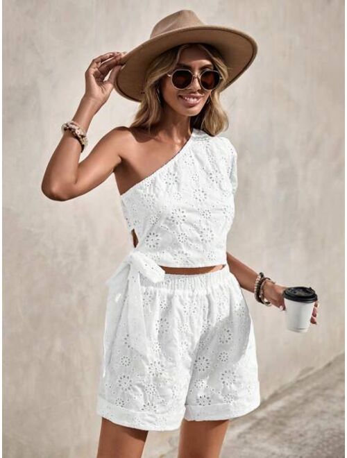 SHEIN VCAY Eyelet Embroidery One Shoulder Knot Side Crop Top & Shorts