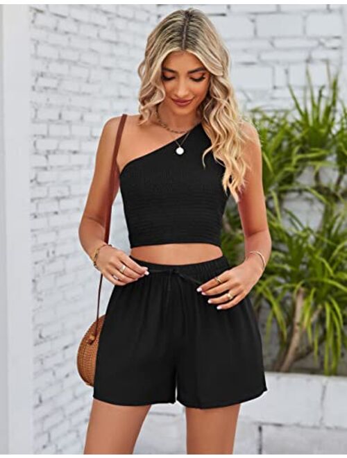 KEEPSHOWING 2 piece Outfits For Women Summer One Shoulder Crop Top and High Waisted Shorts Lounge Set