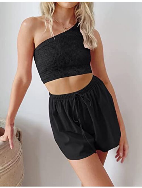 KEEPSHOWING 2 piece Outfits For Women Summer One Shoulder Crop Top and High Waisted Shorts Lounge Set