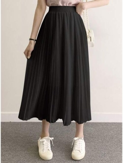 Solid Elastic Waist Pleated Skirt