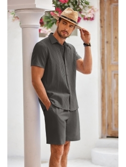 Men's Cotton Guayabera Beach Outfits Sets Linen 2 Piece Short Set