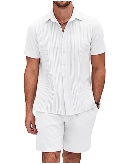 Men's Cotton Guayabera Beach Outfits Sets Linen 2 Piece Short Set