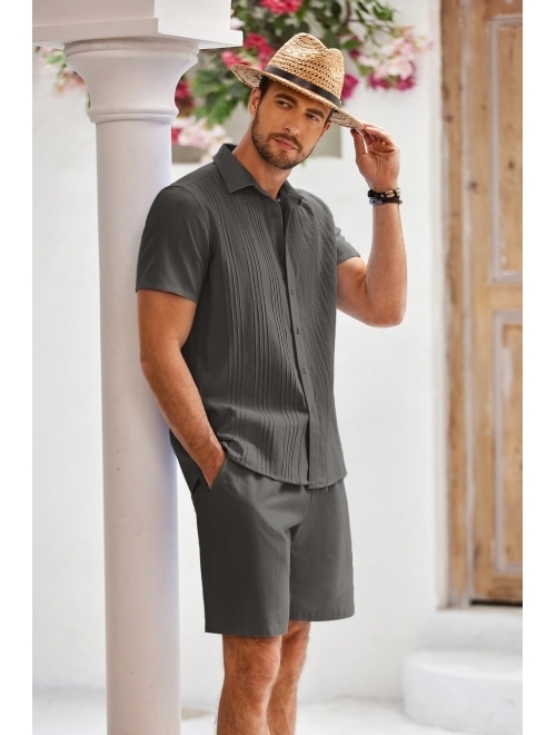 COOFANDY Men's Cotton Guayabera Beach Outfits Sets Linen 2 Piece Short Set