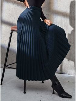 Modely Solid Elastic Waist Pleated Skirt