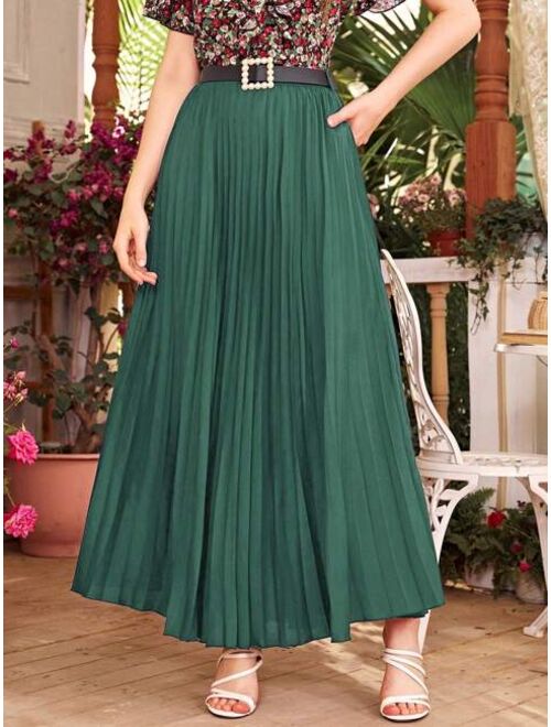 SHEIN Mulvari Solid Pleated Belted Maxi Skirt