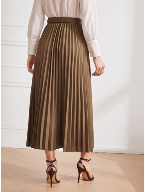 SHEIN Modely Solid Belted Pleated Skirt