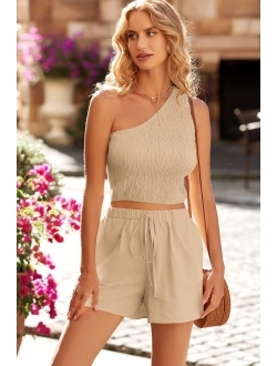 Women's 2 Piece Summer Outfits Casual One Shoulder Crop Top and High Waisted Shorts Loungewear Set
