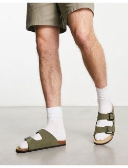 khaki two strap sandals in faux suede