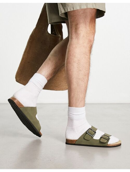 ASOS DESIGN khaki two strap sandals in faux suede