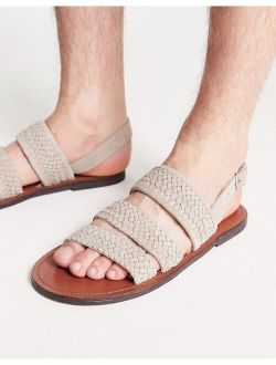 multi strap sandals in stone suede and weave mix