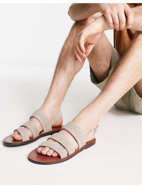 ASOS DESIGN multi strap sandals in stone suede and weave mix