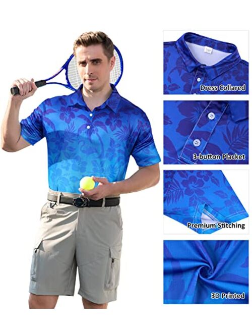 uideazone Mens Polo Shirts Short Sleeve Dry Fit 3D Print Moisture Wicking Funny Golf Shirt