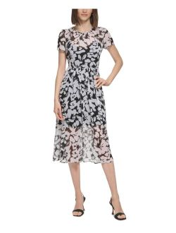 Women's Printed Chiffon Short-Sleeve Midi Dress