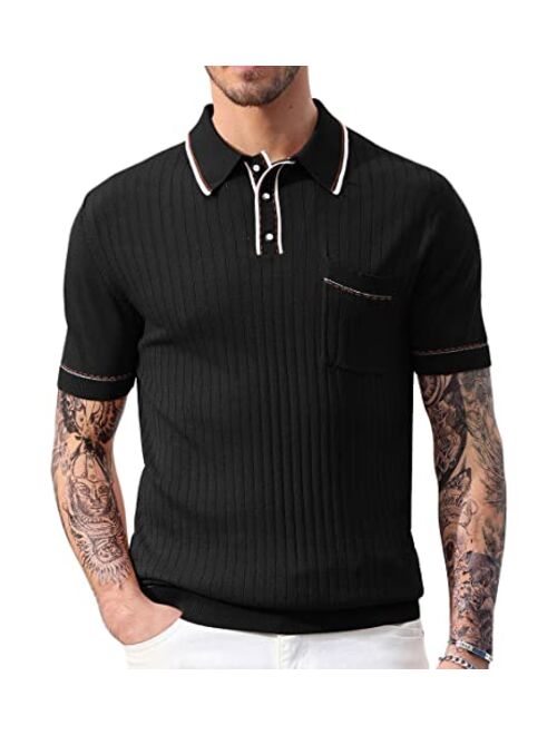 PJ PAUL JONES Men's Short Sleeve Knit Button Polo Shirts Casual Pullover Golf Shirt with Pockets