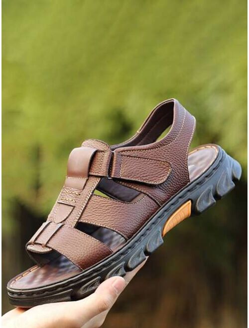 Men Litchi Embossed Hook and loop Fastener Sandals Leisure Brown Sport Sandals