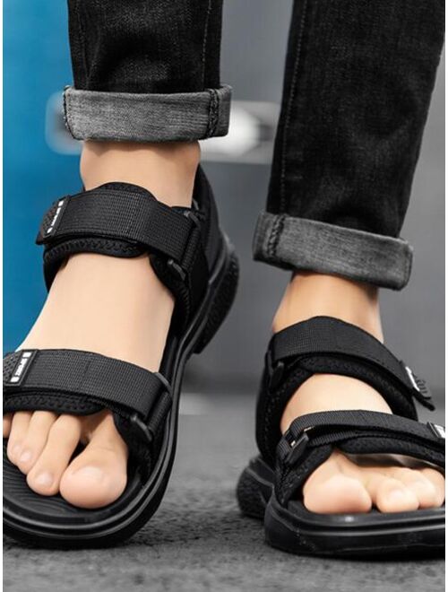 Men Non slip Letter Patch Decor Hook and loop Fastener Sport Sandals Sporty Black Canvas Sandals