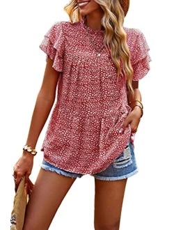 Women's Casual Summer Tops Ruffle Short Sleeve Mock Neck Fashion Floral Chiffon Blouse Shirts