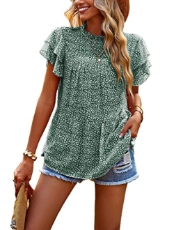 Women's Casual Summer Tops Ruffle Short Sleeve Mock Neck Fashion Floral Chiffon Blouse Shirts