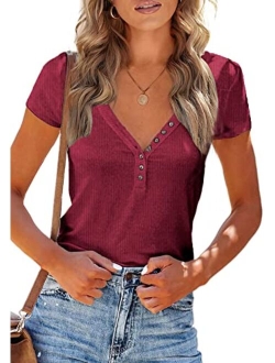 Women's Summer Casual Henley Shirts Short Sleeve V Neck Button Up Ribbed Knit Sexy Slim Fit Basic Tops