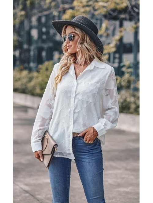 PRETTYGARDEN Women's Chiffon Blouse Solid Color Long Sleeve Button Down Elegant Jacquard Shirts Tops