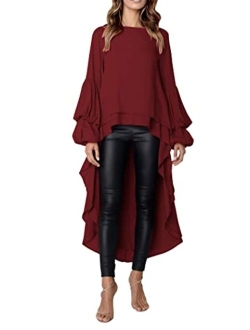 Women's Lantern Long Sleeve Round Neck High Low Asymmetrical Irregular Hem Casual Tops Blouse Shirt Dress