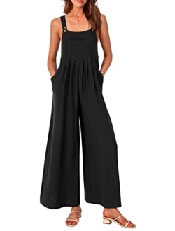 Women's Bib Overalls Casual Summer Sleeveless Strap Loose Wide Leg Jumpsuits with Pockets