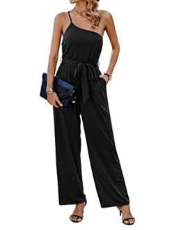 Women's 2023 Casual Summer Jumpsuits One Shoulder Strap Backless Belted Wide Leg Pants Rompers