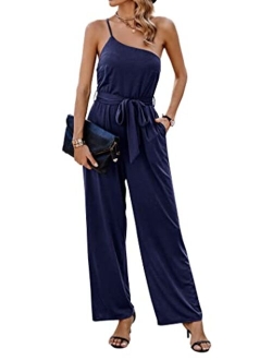 Women's 2023 Casual Summer Jumpsuits One Shoulder Strap Backless Belted Wide Leg Pants Rompers