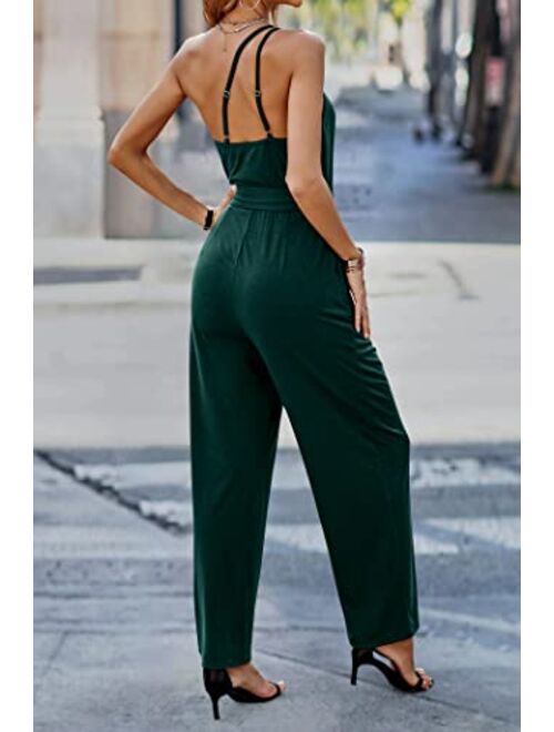 PRETTYGARDEN Women's 2023 Casual Summer Jumpsuits One Shoulder Strap Backless Belted Wide Leg Pants Rompers