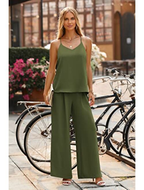 PRETTYGARDEN Women's Summer 2 Piece Set Sleeveless V Neck Cami Top Wide Leg Pants Loose Fit Casual Outfit