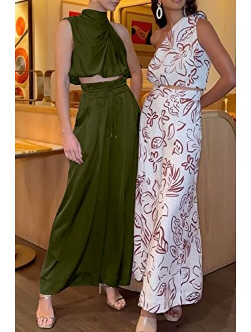 PRETTYGARDEN Women's 2 Piece Outfits 2023 Summer Casual Sleeveless Mock Neck Crop Tops Wide Leg Pants Set