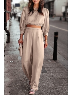 Women's 2 Piece Satin Outfits Casual Puff Sleeve Crop Tops and Long Palazzo Pants