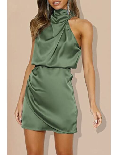 PRETTYGARDEN Women's 2023 Summer Satin Dress Sleeveless Mock Neck Short Formal Cocktail Party Dresses
