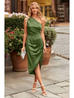 Women's Elegant Satin Midi Bodycon Dress 2023 Summer One Shoulder Ruched Wrap Cocktail Party Dresses