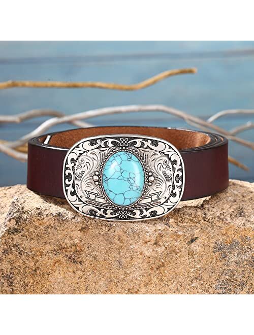 Btilasif Turquoise Belt Buckle for Men Women Handamde Round Shaped with Natural Stone Western Cowboy Rodeo Belt Buckle